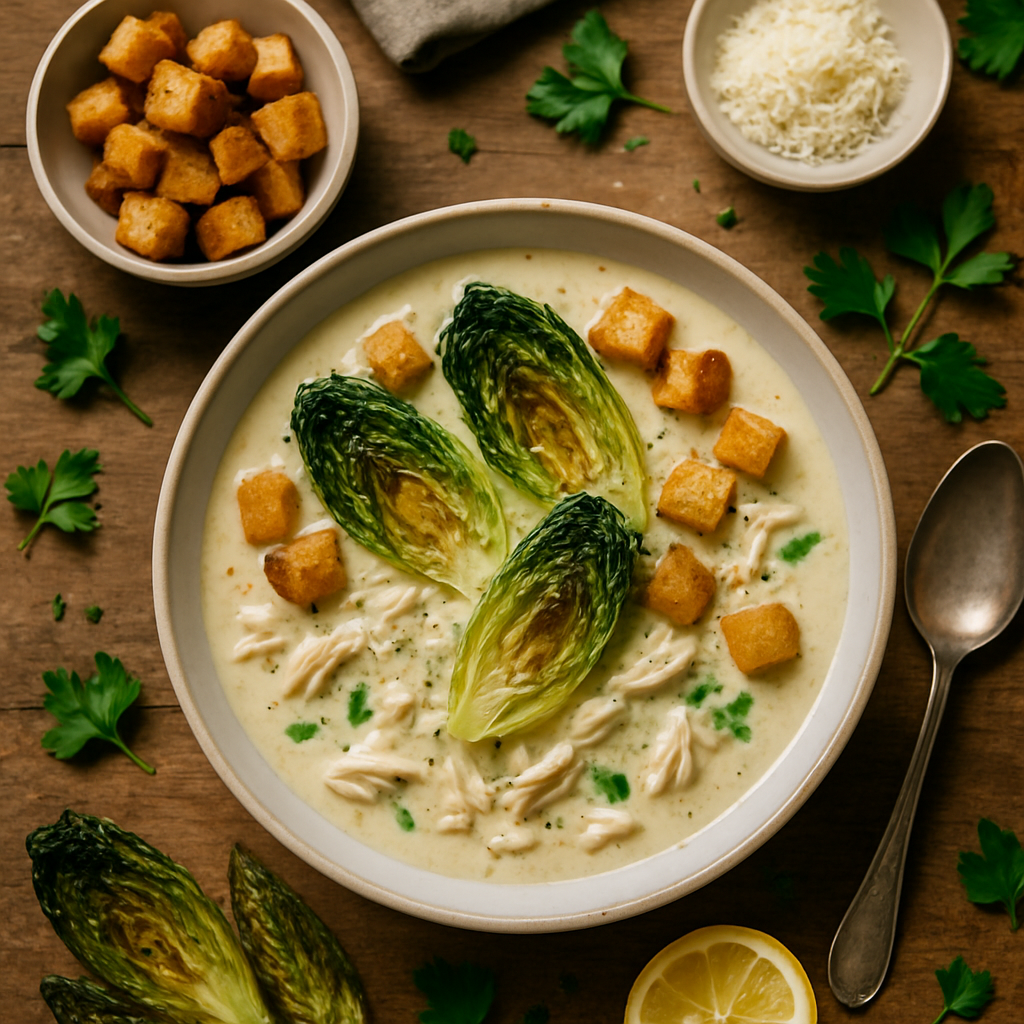 Creamy Chicken Caesar Soup with Roasted Romaine Croutons