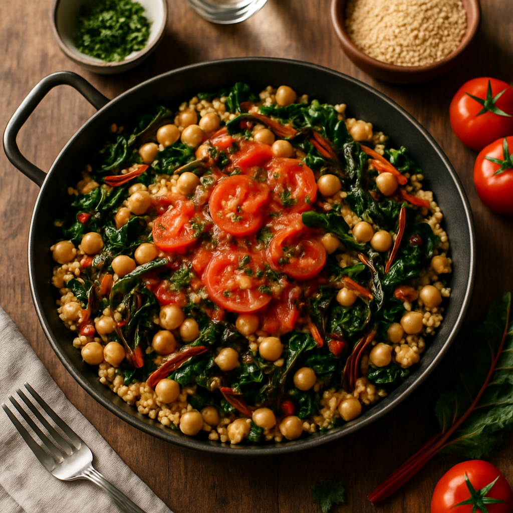 Lentepeper Kikkererwten Couscous Pan met Regenboogkaart en Verse Tomatensaus