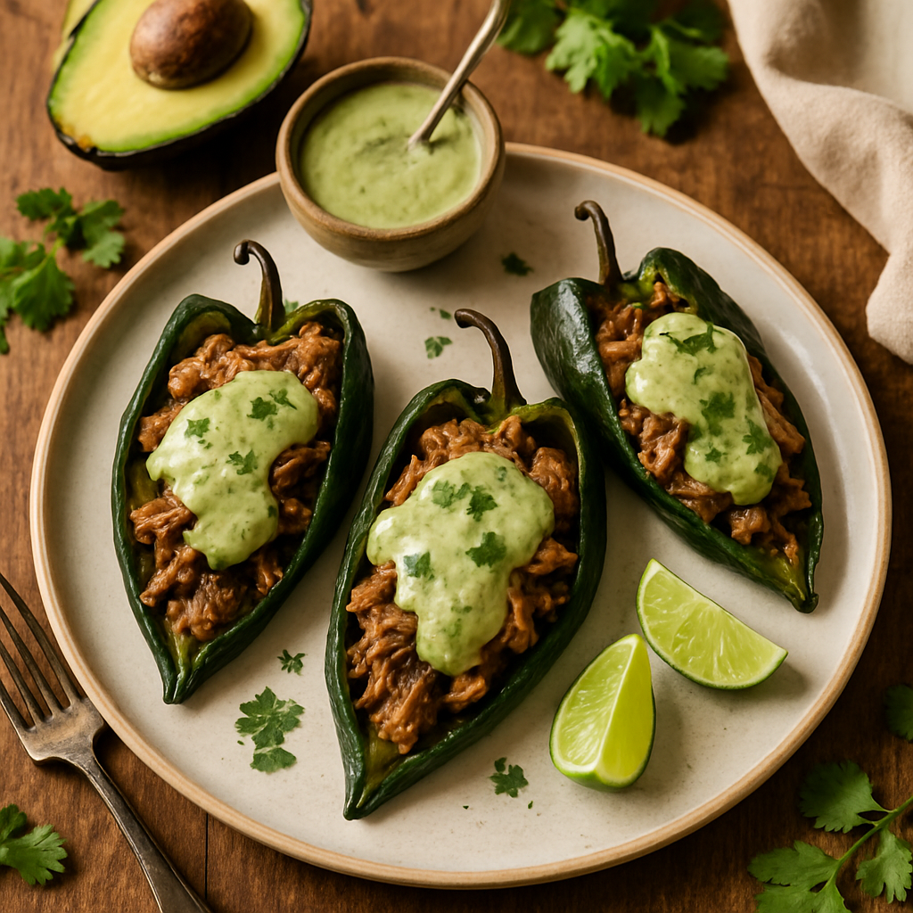 Carnitas-Gevulde Poblano Peppers met Romige Tomatillo Crema