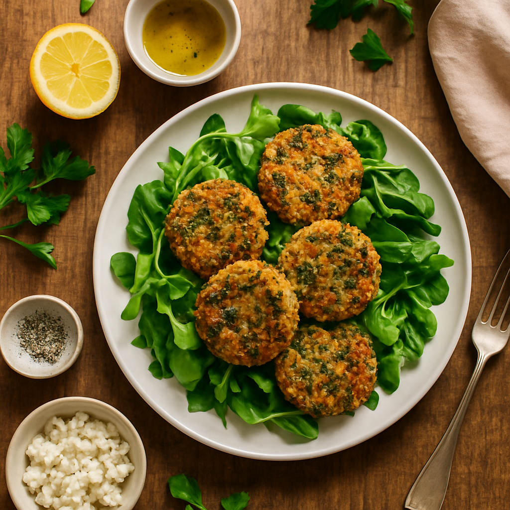 Knapperige Gekruide Quinoa en Feta Patties met Verse Lentegroenensalade