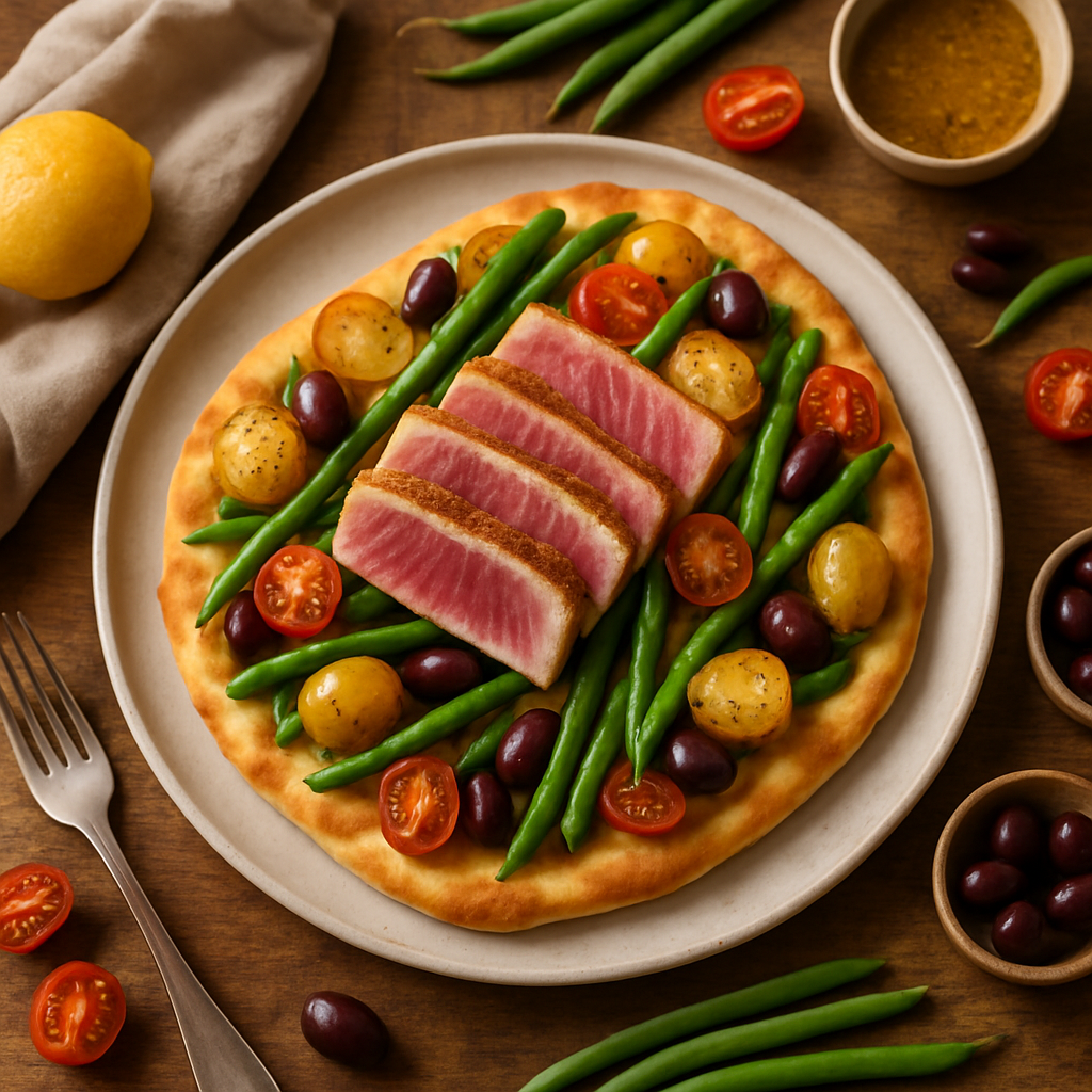 Platbrood Niçoise met Babyaardappelen, Sperziebonen en Geroosterde Tonijn