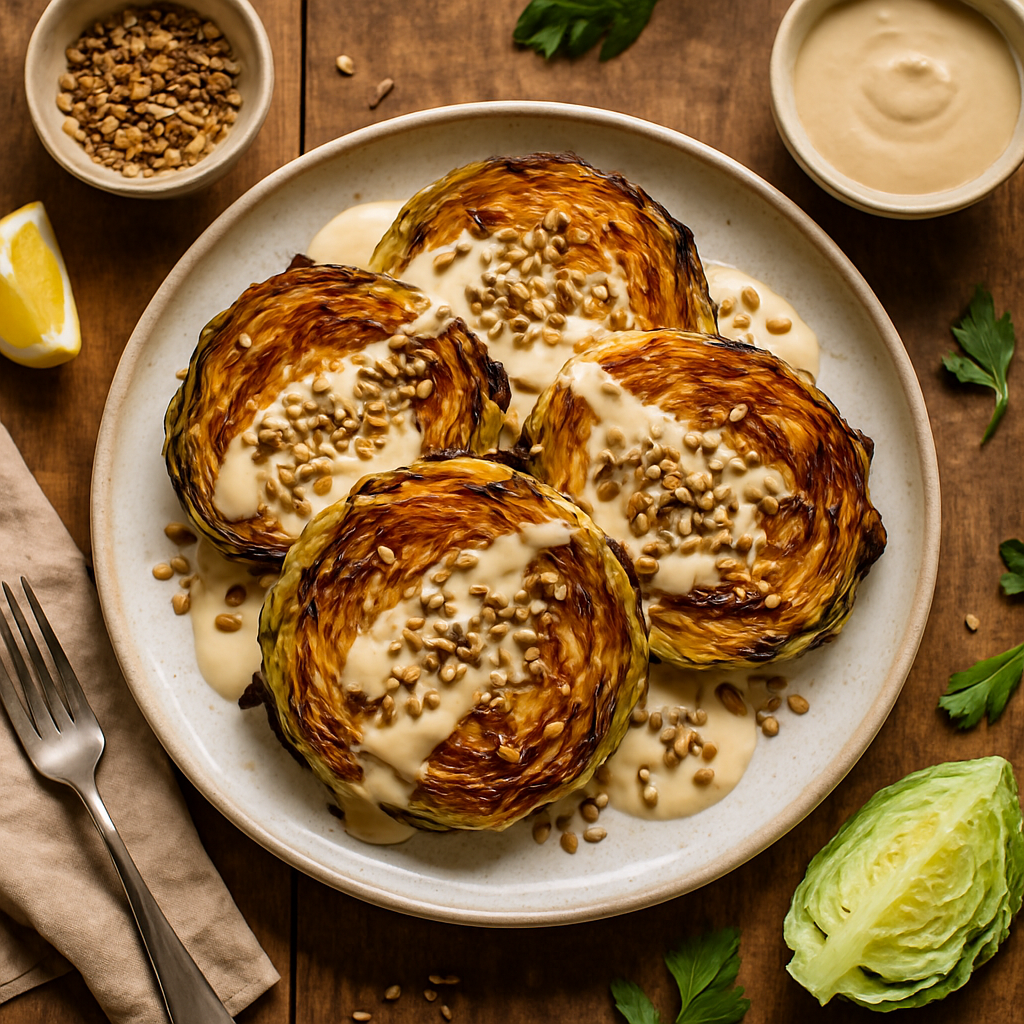 Caramelized Cabbage Steaks with Creamy Tahini and Toasted Seeds