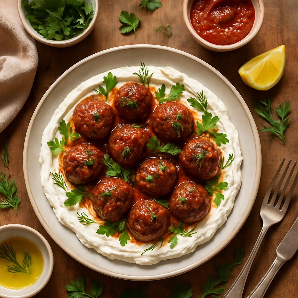 Spicy Harissa Meatballs with Creamy Whipped Feta and Fresh Herbs
