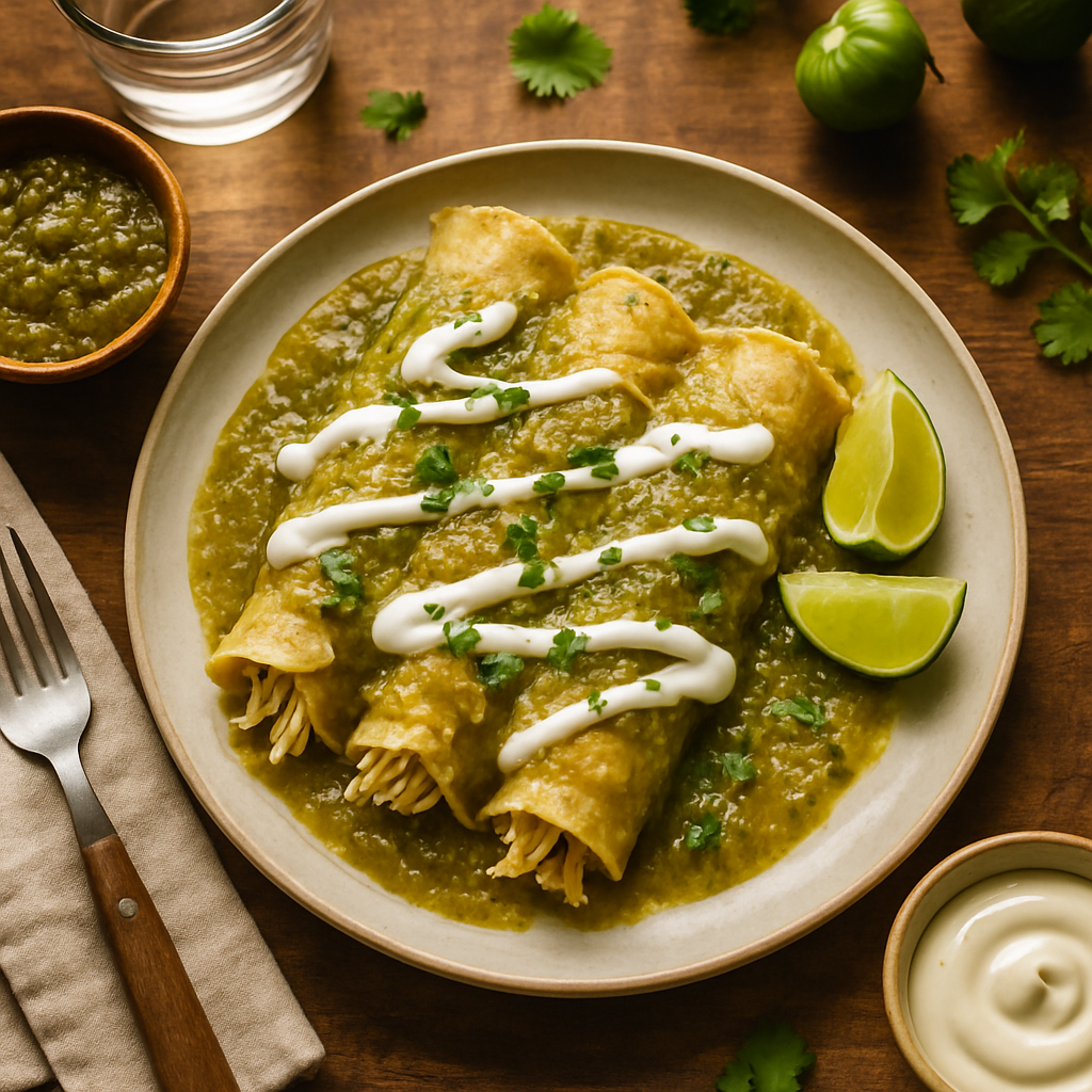 Enchiladas Verdes with Roasted Tomatillo Salsa and Mexican Crema