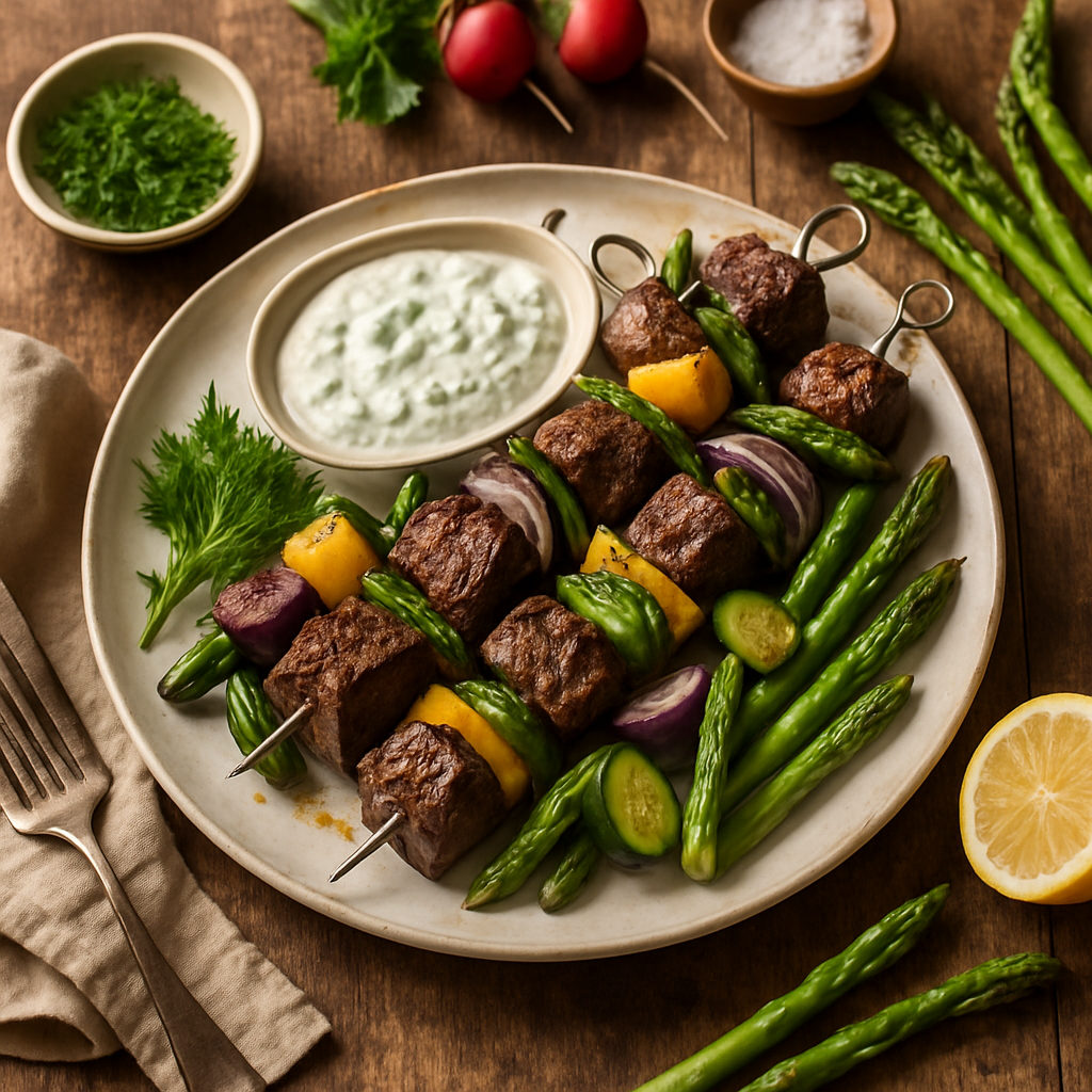 Grilled Sirloin Kebabs with Spring Vegetables and Creamy Tzatziki